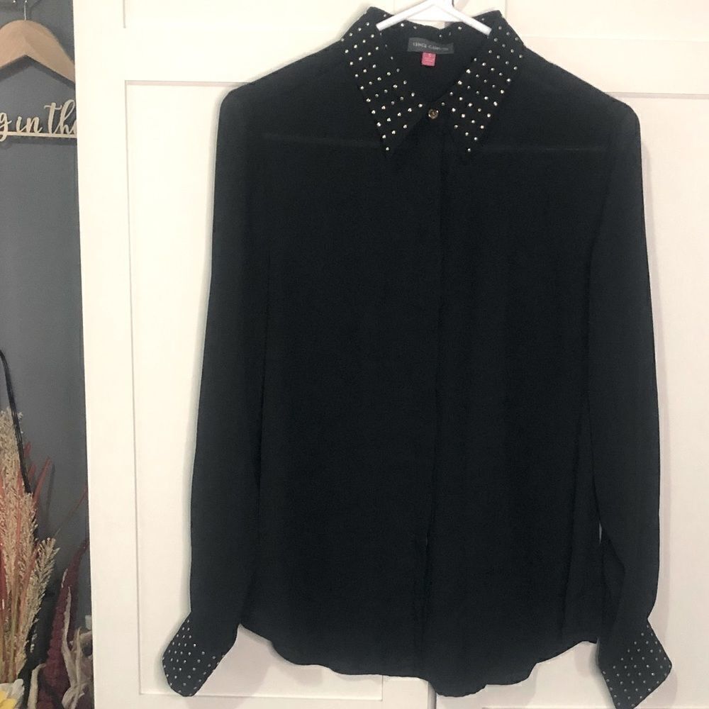 Vince camuto women’s size small black sheer cuffed blouse top